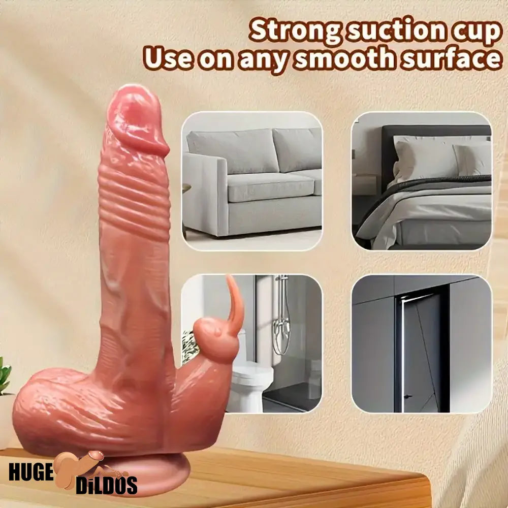9.05in Rabbit Thrusting Tapping Heating Vibrating Silicone Soft Clit Dildo
