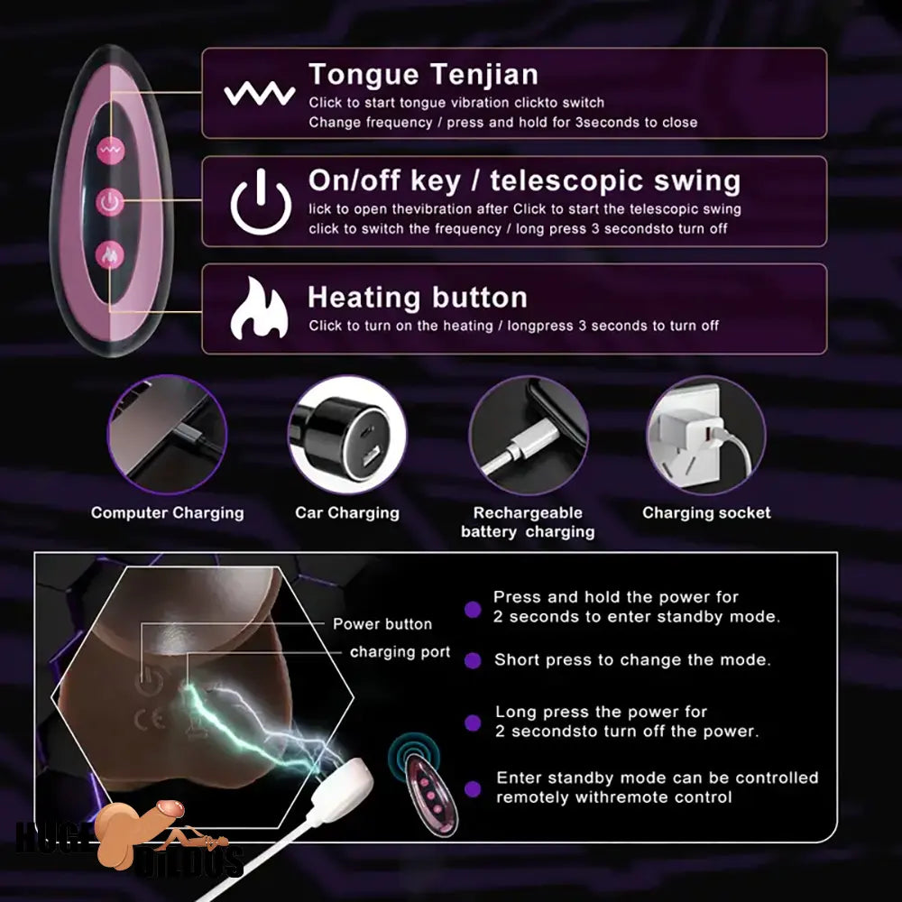 8.7in Ebony 4in1 Heating Thrusting Vibrating Rotation Remote Electric Dildo