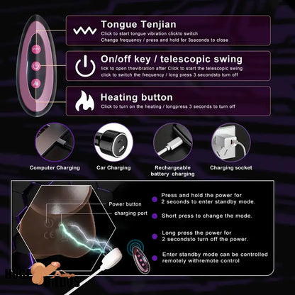 8.7in Ebony 4in1 Heating Thrusting Vibrating Rotation Remote Electric Dildo
