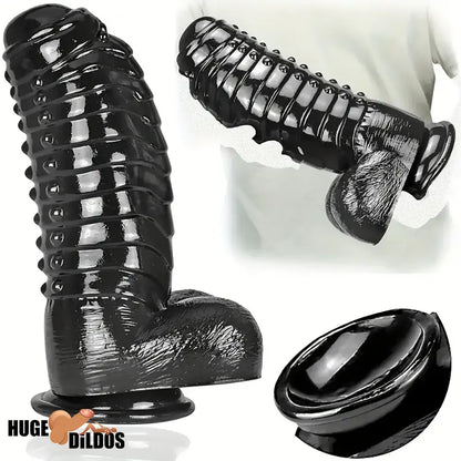 11.8in Realistic Big Black Uncut Spiked Thick Dildo For Female Indoor Use