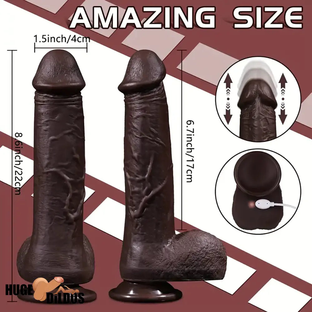 8.6in Soft Big Silicone Thrusting Vibrating Heating Cock Remote Ebony Dildo